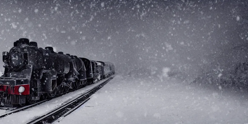 Prompt: a high detail photograph of a heavy steam train in the snow under a blizzard, realism, 4 k, award winning photograph, octane render,, bloom, dramatic lighting, cinematic, high details