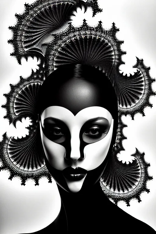 Prompt: portrait of a young beautiful woman with a mask. contemporary photograph, speed painting, fractal, mandelbulb. black and white, black on black. intricate, elegant, super highly detailed, professional digital painting, smooth, extreme illustration, Unreal Engine 5, Photorealism, HD quality, 8k resolution, 3D, beautiful, cinematic, art. art deco, 1950s suburbian.