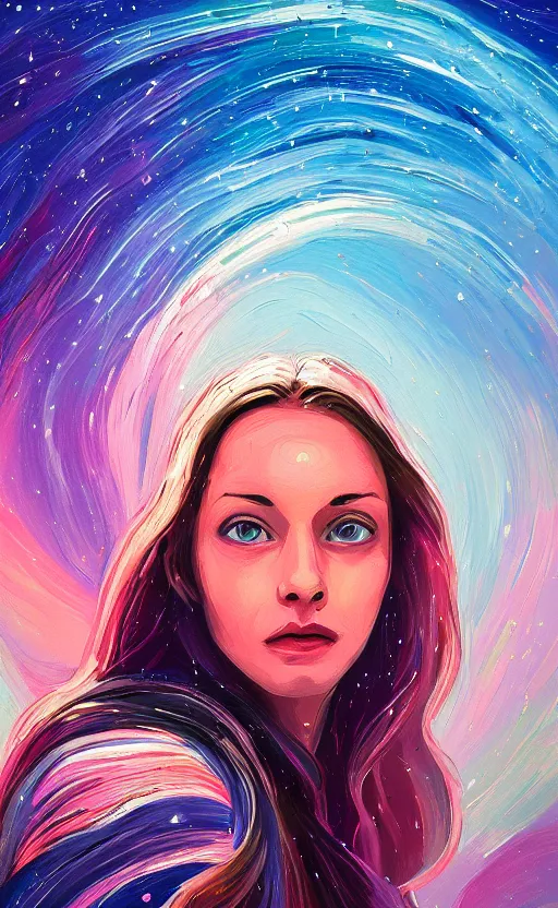 Prompt: a beautiful painting portrait of galadriel beautiful and fair skin, art of alena aenami, featured on artstation, vertical orientation, paint brush strokes, expressionism, brushstroke - laden, breathtaking clouds, birds, ocean, beautiful stars, long exposure, big moon radius, airy midnight theme, blue purple gradient, lens flare