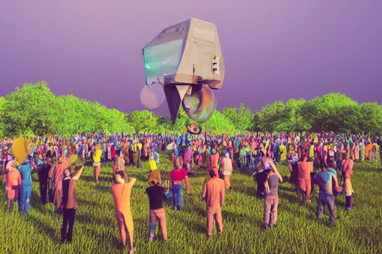 Prompt: a huge vaccuum cleaner made of stone on a lushy meadow hill surrounded by many colorful praying people, beeple style, sunset, insanely integrate, 3 d render, 8 k