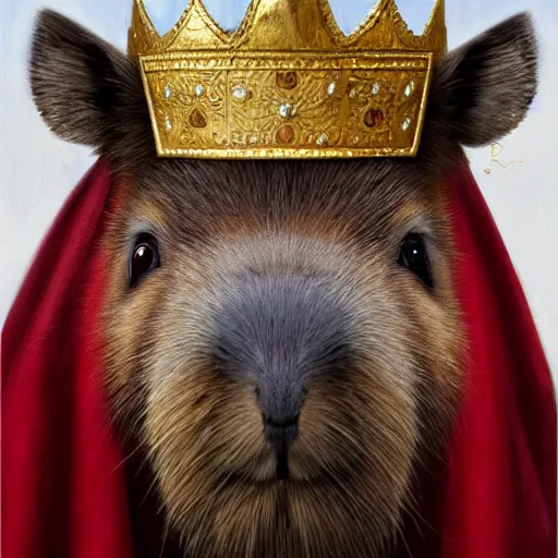 Image similar to detailed photorealistic painting of a capybara, wearing a detailed ornamented gold crown with diamonds, in a medieval knight armor with red cape, standing in front of a detailed castle, sharp focus in the style of ruan jia, Mandy jurgens, cinematic light, concept art, trending on artstation, ultra realistic