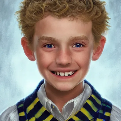 Image similar to close - up portrait a short slightly curly blonde hair hufflepuff!! boy age 1 1 years old with grey - blue eyes, cute, smiling!! fantasy, portrait, highly detailed, digital painting, artstation, concept art, sharp focus, illustration, studio photo, studio lighting, art by artgerm and greg rutkowski and magali villeneuve