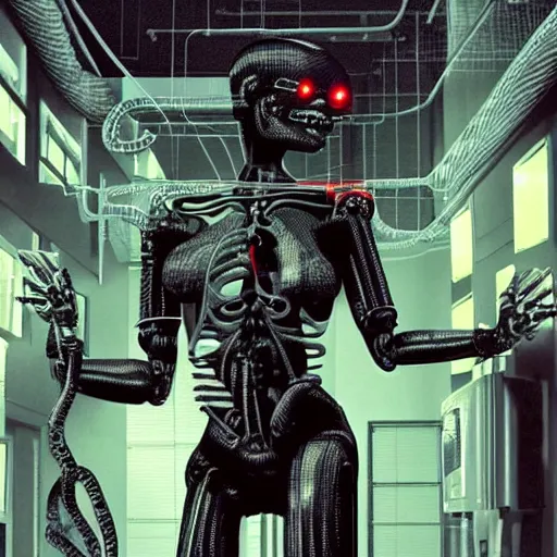 Image similar to the upper torso of a terminator cyborg lady with borg implants, human face and robotic snakes coming out of her head is hanging from cables and wires off the ceiling of a lab. Her bottom half is missing with cables hanging out. She is taking a sip from a cup of coffee. Tiny green led lights in her cybernetics. very detailed 8k. Horror cyberpunk style.