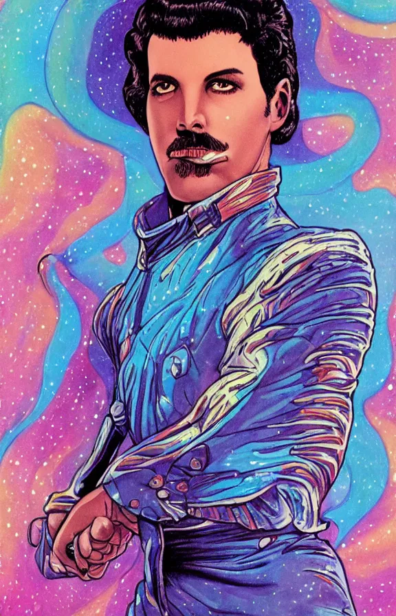 Image similar to freddy mercury with a beatiful long curly hair with a galactic background in the style of moebius