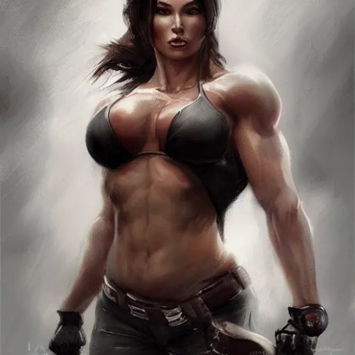 Image similar to portrait of a beautiful female bodybuilder lara croft with plump lips, elegant, fantasy, hd shot, digital portrait, beautiful, artstation, comic style, by artgerm, guy denning, jakub rozalski, magali villeneuve and charlie bowater