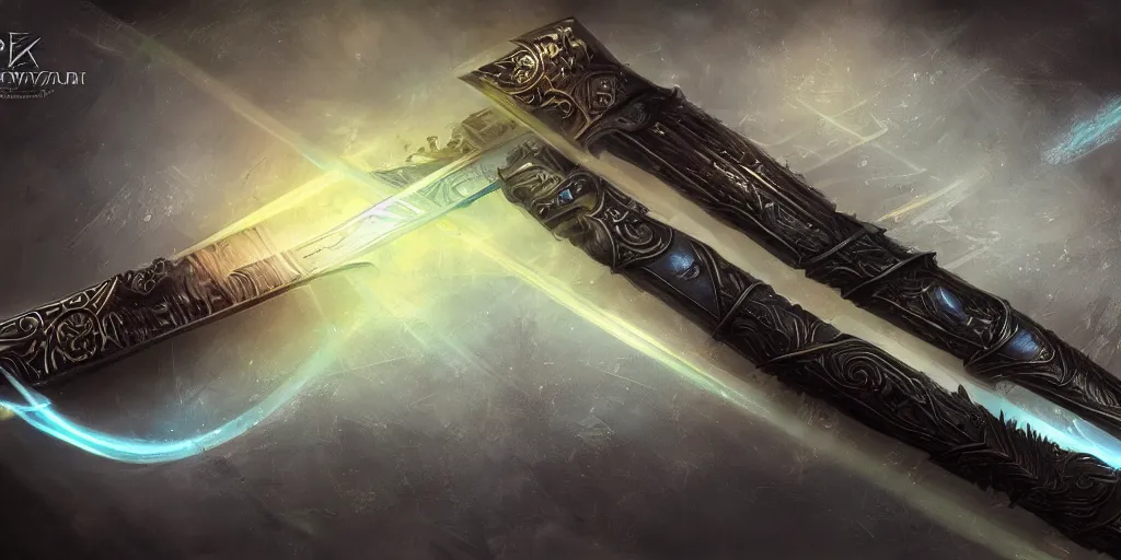 Image similar to legendary cybernetic long sharp sword lying flat on a glowing table with a black and iridescent sword blade, digital award winning hd matte painting, intimate dark moody, intricate, ornate spikes, colorful hilt, detailed realistic, raytraced blade, colored gems, future golden technological pommel, in the style of greg rutkowski and krenz cushart, deviantart