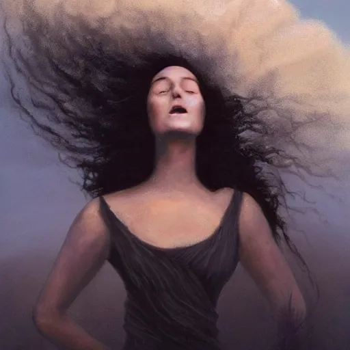 Image similar to The painting depicts a woman standing in a field of ashes, her dress billowing in the wind. Her hair is wild and her eyes are closed, and she seems to be in a trance-like state. The painting is dark and atmospheric, and the ashes in the field seem to be almost alive, swirling around. high-key lighting by Ken Kelly