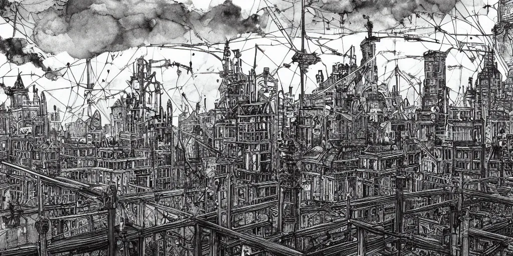 Prompt: pen and ink illustration, city held up on giant platform, buildings on top of tall structure, over the ocean, tall arches, fading off to the horizon, steam punk, artstation