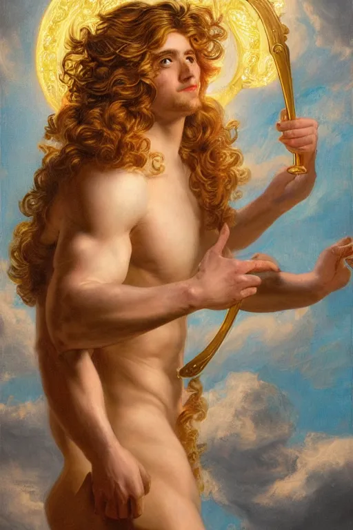 Prompt: Lucius as a demigod of scintillating radiance, long fluffy white-gold curly hair, posing before his adoring worshippers, oil on canvas, golden hour, artstation, by J. C. Leyendecker and Peter Paul Rubens