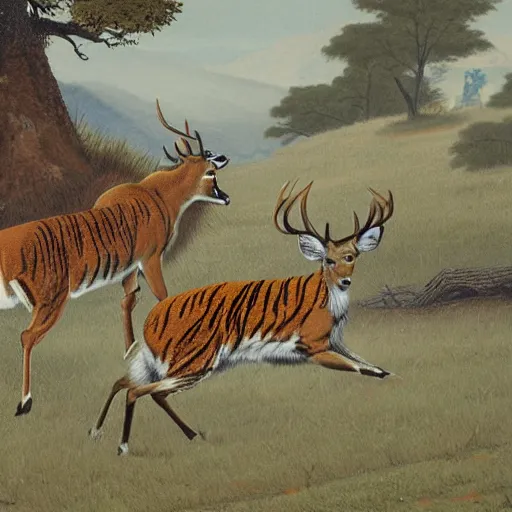 Prompt: a painting of deer and tiger facing each other, their heads bowed towards ground by koson ohara