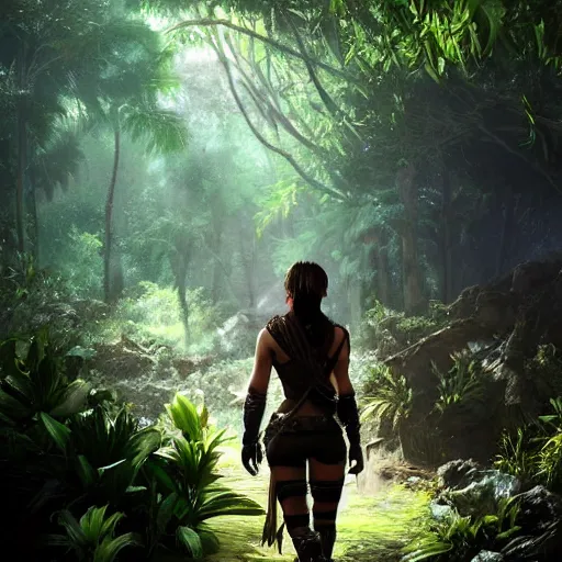 Prompt: realistic final fantasy character walking through a jungle, atmosperic, dramatic lighting, trending on artstation, ark survival evolved