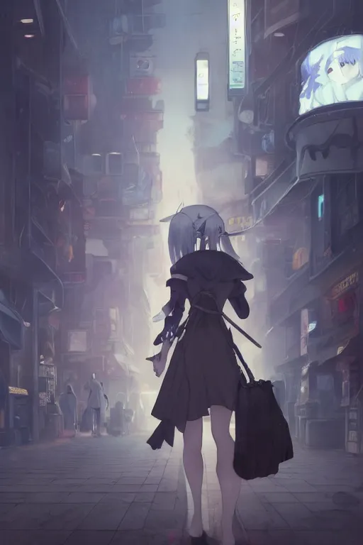 Image similar to a white haired girl with a guitar on her back shopping at a convenience store at night, grey and dark theme, s line, 4 5 angel by krenz cushart and mucha and makoto shinkai and akihito yoshida and greg rutkowski, nier : automata inspired, 4 k resolution