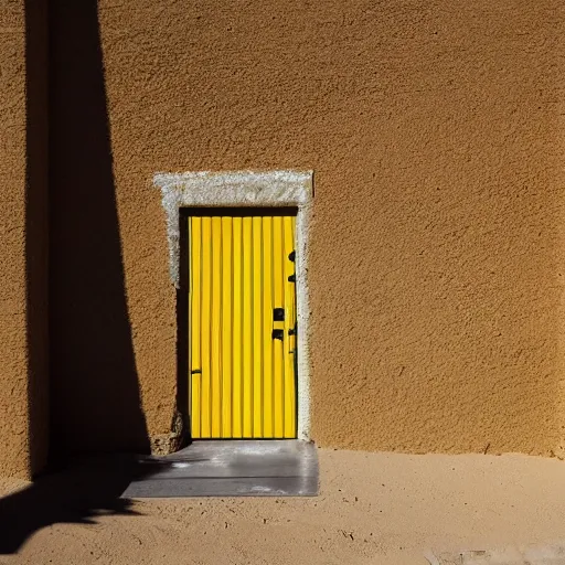 Image similar to a long, ground level shot of a standard door made of metal, the door has a shell made of concrete, facing the camera, set somewhere in nevada desert, barren mountains far away, centered composition, high noon, brightly-lit, yellow cinematic lighting