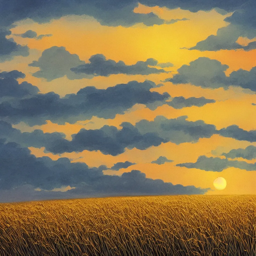 Image similar to sharp focus, breath taking beautiful, Aesthetically pleasing, gouache field of grain at sunset, digital concept art background by Hayao Miyazaki and Studio Ghibli, fine art, official media, high definition, illustration, ambient lighting, HDR, HD, UHD, 4K, 8K, cinematic, high quality scan, award winning, trending, featured, masterful, dynamic, energetic, lively, elegant, intricate, complex, highly detailed, Richly textured, Rich vivid Color, masterpiece.