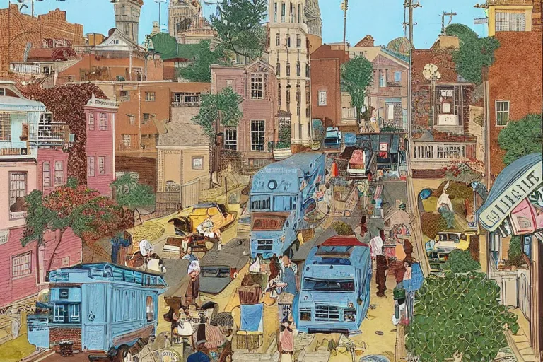 Image similar to an elaborate and dense painting of a beautiful peaceful neighborhood scene, detailed, made of alcohol ink on parchment and penned illustrations, by wes anderson!!!!!! and geoff darrow