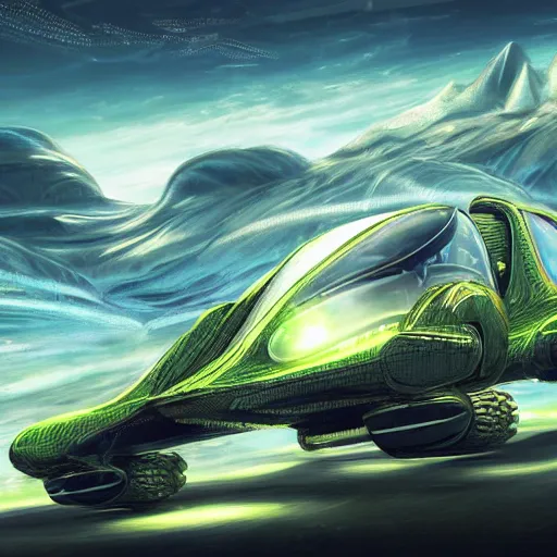 Image similar to solarpunk hovercar, clean energy, green technology, batoidea shape, flying, sunny day, futurism, intricate, engines, glow, highly detailed, peaceful, utopia, bright, digital painting, artstation, concept art, smooth, sharp focus, epic landscape, art by akihiko yoshida and tim mcburnie and anato finnstark