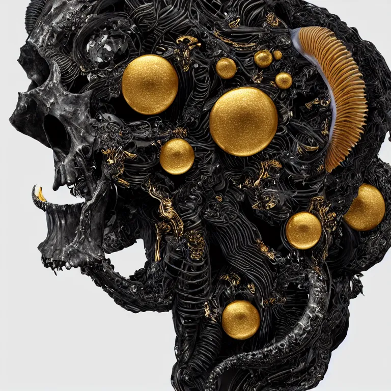 Image similar to black background. absolutely symmetrical sculpture. centered. goddess princess face close-up portrait ram skull. sculpture made of gold and black charcoal. jellyfish phoenix head, nautilus, orchid, skull, betta fish, bioluminiscent creatures, intricate artwork by Tooth Wu and wlop and beeple. octane render, trending on artstation, greg rutkowski very coherent symmetrical artwork. cinematic, hyper realism, high detail, octane render, 8k