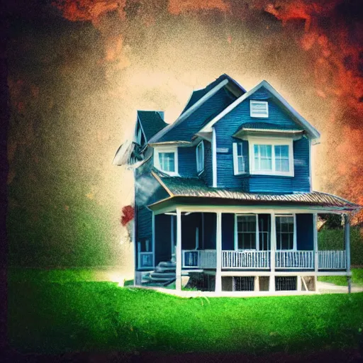 Image similar to a picture of a house taken with a vhs effect overlaying it