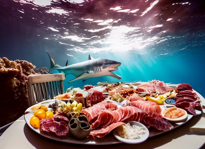 Image similar to underwater photo still of a great white shark eating a charcuterie platter at the bottom of the ocean, underwater lighting, light rays, bubbles, 8 k