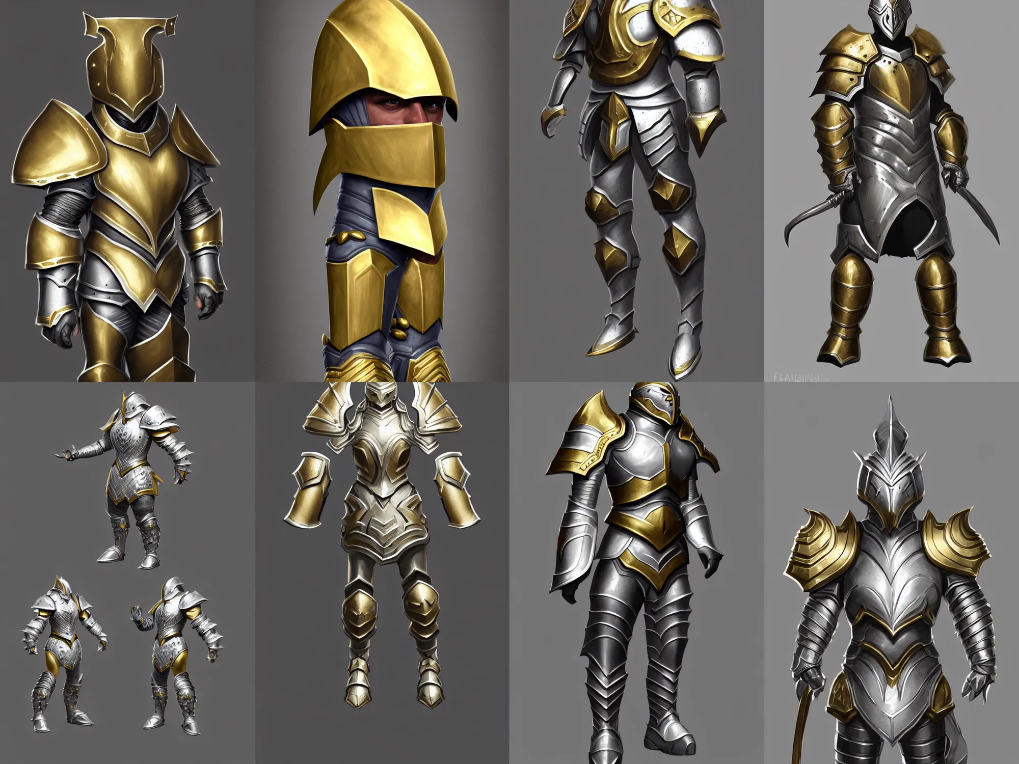 Prompt: heavy fantasy armor, silver with gold trim, extremely clean, exaggerated proportions, trending on polycount, fantasy character portrait, professional concept art