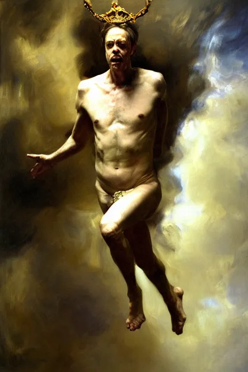 Image similar to beautiful detailed expressive impressionistic oil painting portrait of ancient roman god emperor steve buscemi levitating, ascending into the dark wearing the civic crown, renaissance painting, black background, art by anders zorn, wonderful masterpiece by greg rutkowski, expressive brush strokes, beautiful cinematic light, american romanticism by greg manchess, jessica rossier