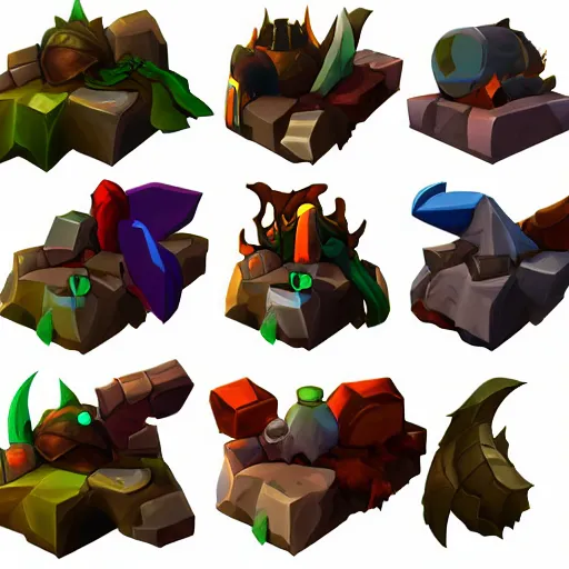 Prompt: A game assets spritesheet for dota2 . HD vector Containing modular props, terrain, trees, 2d side view, platform, vector art, very detailed