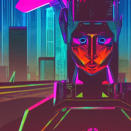 Prompt: a synthwave cyberpunk sphinx