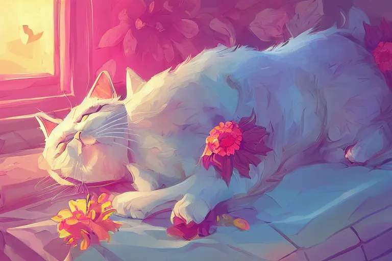 Image similar to a digital art of a cat sleeping in the room with flowers around in the afternoon, the sun shines in, animal, light effect, highly detailed, by anton fadeev