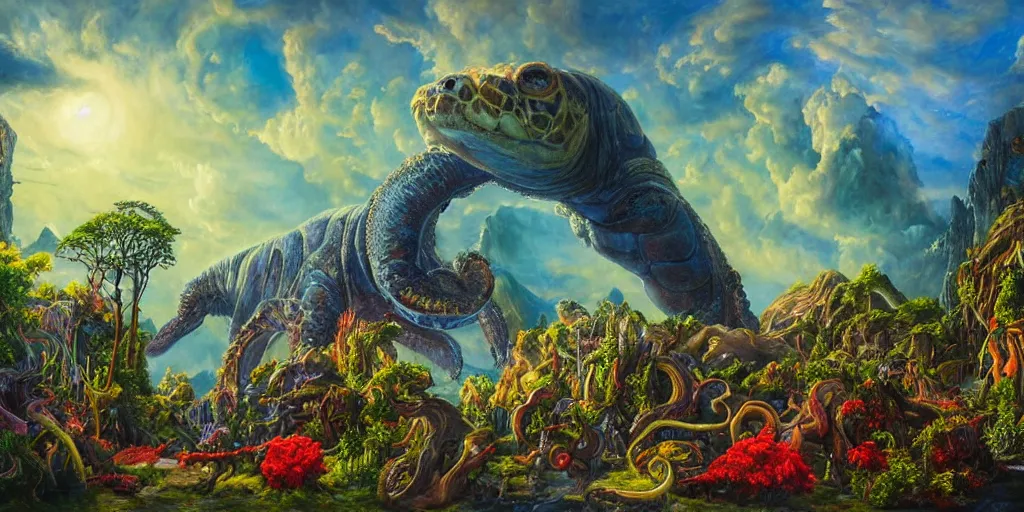 Image similar to fantasy oil painting, great leviathan, cybernetic turtle cephalopod terrapin reptilian pachyderm squid, bella hadid, hybrid, milla jovovich, anubis, epic natural light, lush plants flowers, spectacular mountains, bright clouds, luminous sky, outer worlds, golden hour, michael cheval, edward hopper, michael whelan, vray, hd