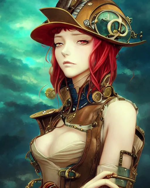 Image similar to a beautiful close up portrait 2D illustration of a young female steampunk pirate wearing leather armor on gold and red trimmings on green, by Charlie Bowater, tom bagshaw, Artgerm and Lois Van Baarle, beautiful anime face, very cool pose, pirate ship with an epic sky background, slightly smiling, cinematic anime lighting and composition, fantasy painting, very detailed, ornate, trending on artstation and pinterest, deviantart, google images