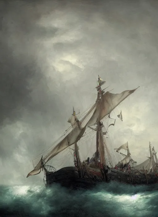 Prompt: close - up portrait of a male sailor with two peglegs and two hook hands in foreground, fat obese seaman with beard, steering the rudder wheel of a wooden galleon tallship through a rain and lightning storm. view from on deck, sails masts rigging ropes pulleys, detailed dynamic light painting by peter mohrbacher