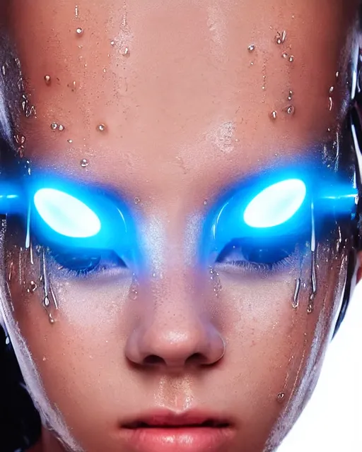 Image similar to portrait photo of female dancer as a cyberpunk mecha humanoid robotic head shoulder parts with straight bright led lights, wet skin with water dripping down face, ultra - realistic and detailed, 8 k hdr