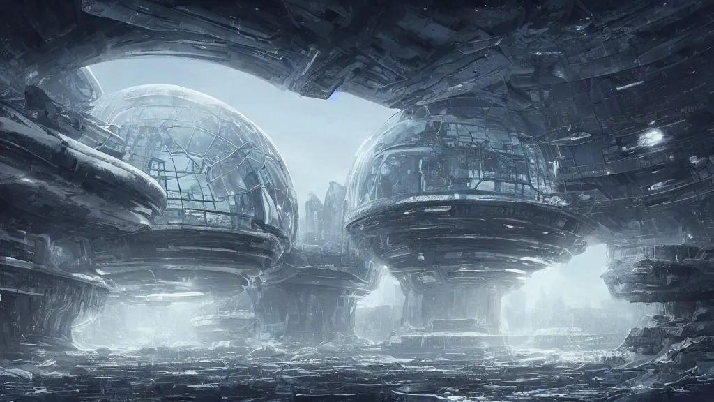 Prompt: highly detailed digital painting of the ruins of a futuristic city inside a transparent sphere in a barren snowy landscape, trending on artstation, award-winning art, melancholic atmosphere, matte painting