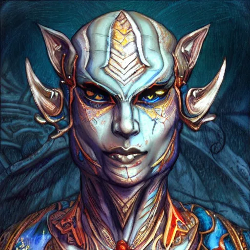 Image similar to Vivec from the Elder Scrolls in the style of Ayami Kojima