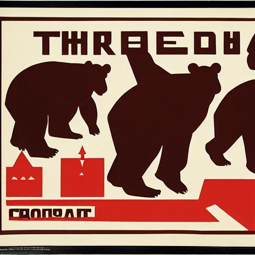 Prompt: three brown bears shouting, poster in a constructivism style, soviet propaganda