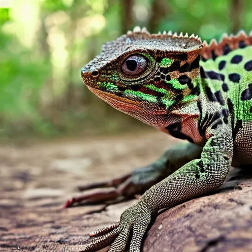 Prompt: camo wearing anthro lizard, photograph captured in the woods