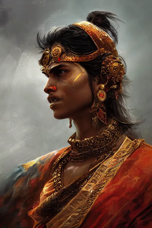 Image similar to hindu warrior, close - up portrait, fierce, intricate, elegant, volumetric lighting, scenery, digital painting, highly detailed, artstation, sharp focus, illustration, concept art, ruan jia, steve mccurry