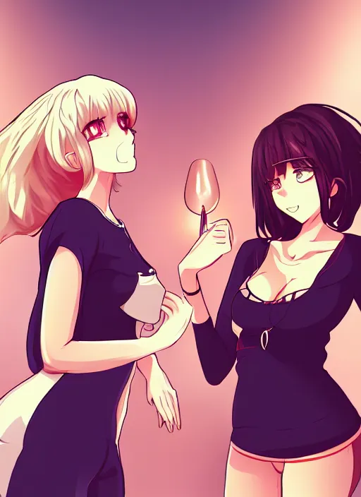 Image similar to two beautiful mothers taunting each other, casual clothes, gorgeous faces, smooth, thick lines, cinematic lighting, detailed anime art