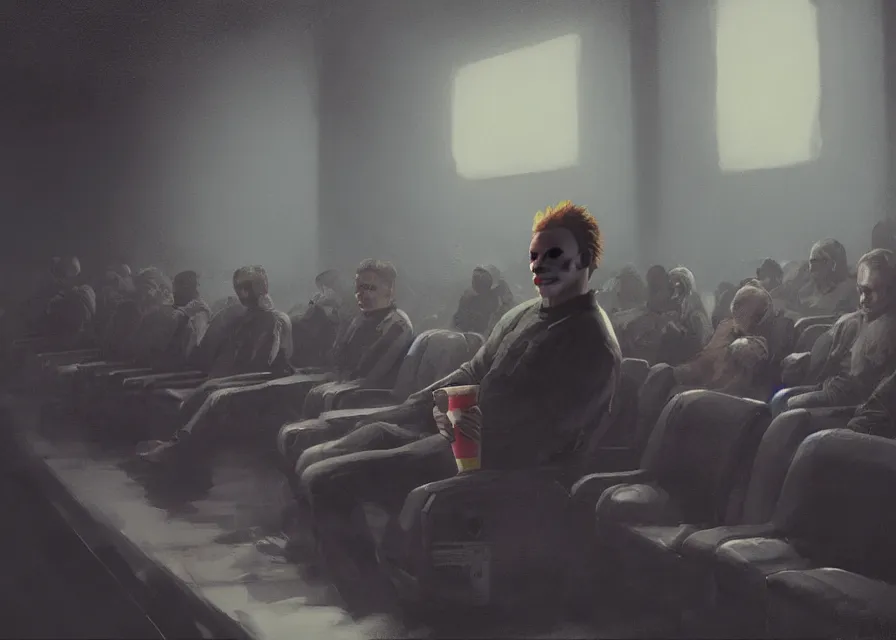Prompt: painting of Michael Myers sitting in a row of movie theater seats eating popcorn, sharp focus, face focused, trending on ArtStation, masterpiece, by Greg Rutkowski, by Ross Tran, by Fenghua Zhong, octane, soft render, oil on canvas, moody lighting, high contrast, watching movie, cinematic, professional environmental concept art
