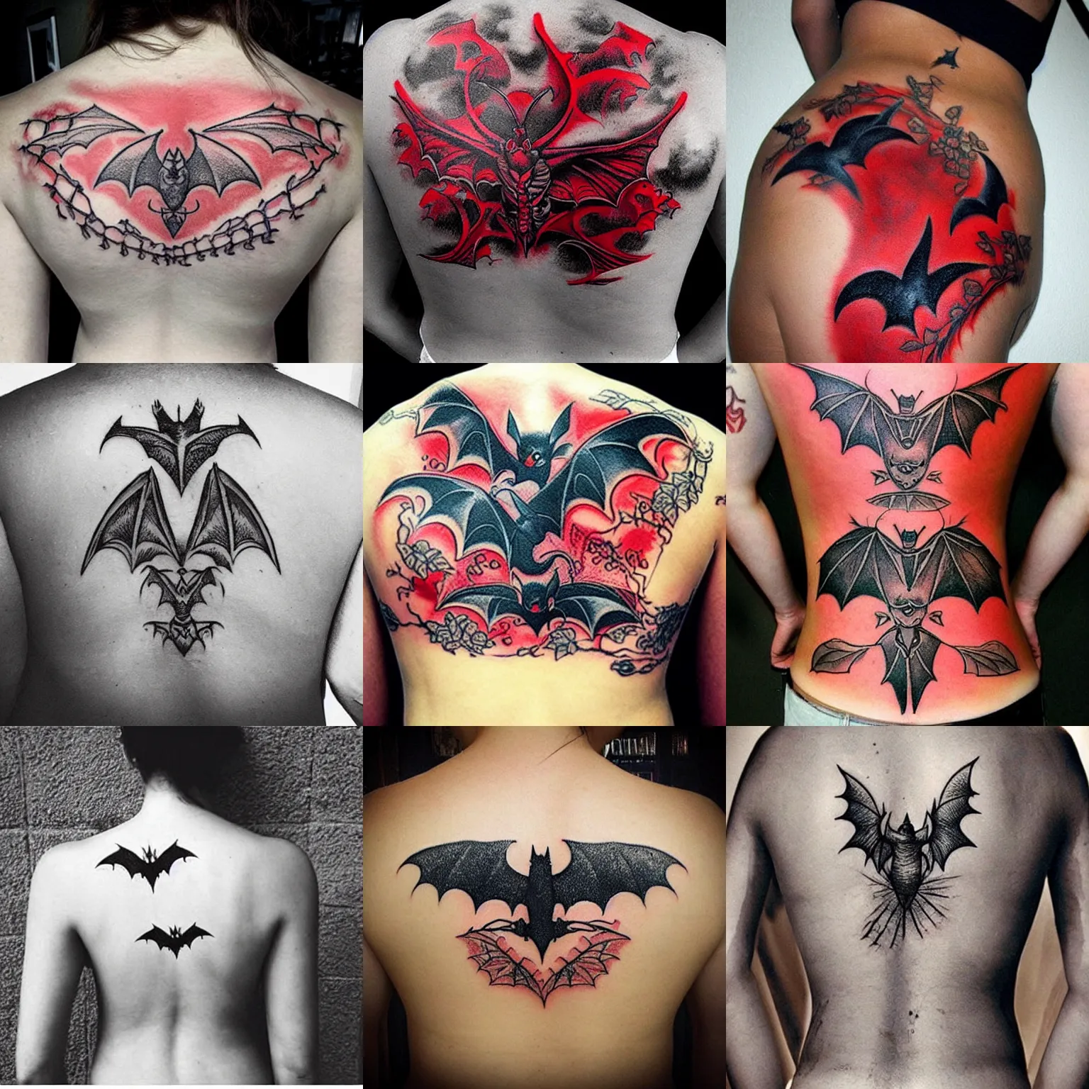 Prompt: “red ink lower back tattoo of bats, neotraditional modern”