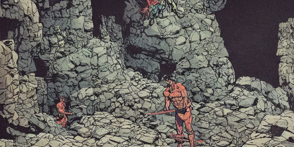 Prompt: painting of rocky wall in a dark cave with rocky ground, comics, clean line, no people, illustration by juan gimenez! clean thick line, vivid colors, comics style