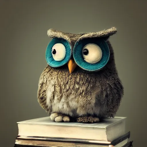 Image similar to long shot of a very cute plush owl sitting on a pile of antique books, big eyes half closed, by naoto hatori, by yoshita amano, by esao andrews, humorous illustration, hyperrealistic, big depth of field, fresh colors, dim light, 3 d octane render conceptart, 4 k, highly detailed, trending on artstation