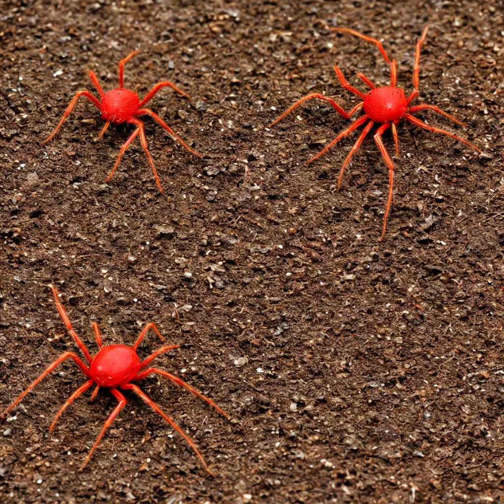 Prompt: a red spider standing on dirt ground, close view, macro view, field of view, high detail,