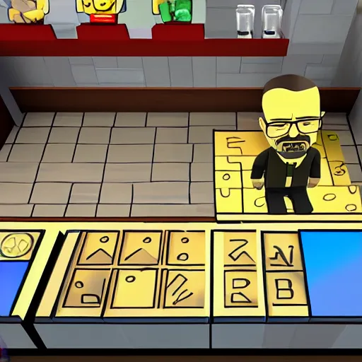 Image similar to walter white in roblox game work at a pizza place