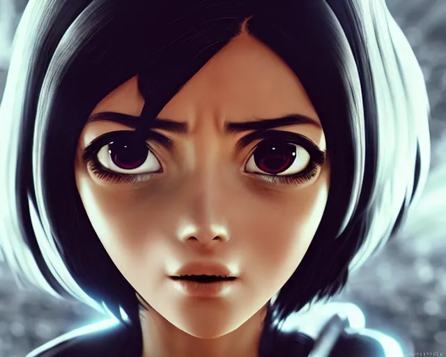 Prompt: battle angel alita, mouth open in awe, doe eyes, photorealistic, lifelike, portrait, octane engine, cinematic lighting, high detail, high resolution