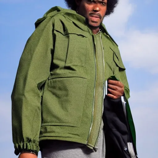 Image similar to photograph of a black man with afro hair and stubble wearing an adidas army green jacket ( ( ( the size of a tower ) ) ), looming over dublin