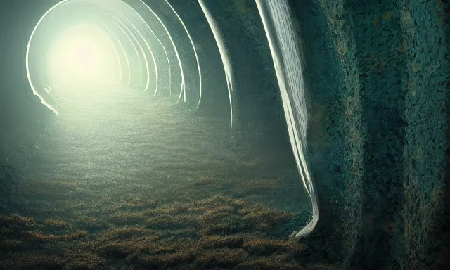 Prompt: beautiful photograph of a magical vertical cylindrical raindrop tunnel between a dried up river and the sun, highly-detailed, fantastic, dramatic lighting, artstation, 4k