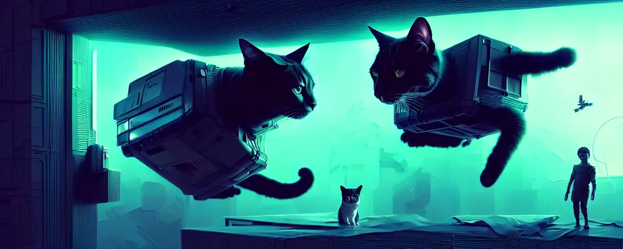 Image similar to duotone noir scifi concept dynamic concept art of 3 d mesh of cat inside box floating zero gravity glowing 3 d mesh portals, glowing eyes, octane render, surreal atmosphere, volumetric lighting. accidental renaissance. by sachin teng and sergey kolesov and ruan jia and heng z. graffiti art, scifi, fantasy, hyper detailed. trending on artstation