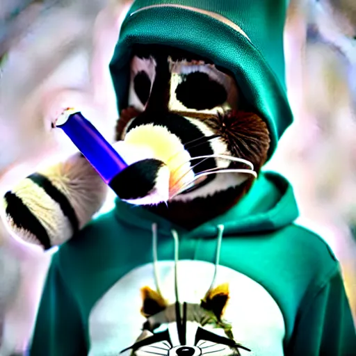 Image similar to a very relaxed stoner with a black hoodie on with a furry raccoon head from zootopia, wearing teal beanie, holding a small vape, blowing out smoke, 3 d render, 8 k, extremely detailed fur, wearing a cool marijuana t - shirt