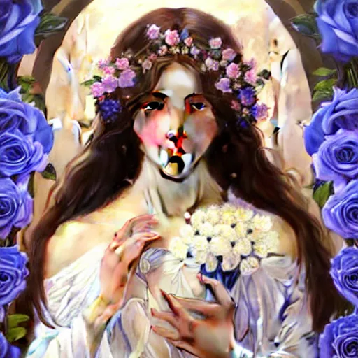 Image similar to perfectly detailed goddess princess of blue roses!! blessed by nature with ever - increasing physical mental perfection, intricate, highly detailed, biblical divine holy perfection!! digital painting, artstation, concept art, smooth, sharp focus, illustration, art by artgerm and greg rutkowski and alphonse mucha